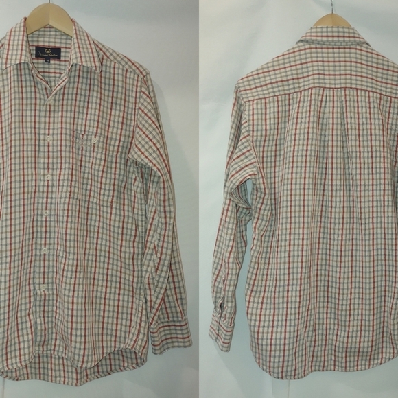 Giovanni Valentino Cream Red Gray Plaid Button‎ Front Vintage Shirt Small S - Picture 1 of 8